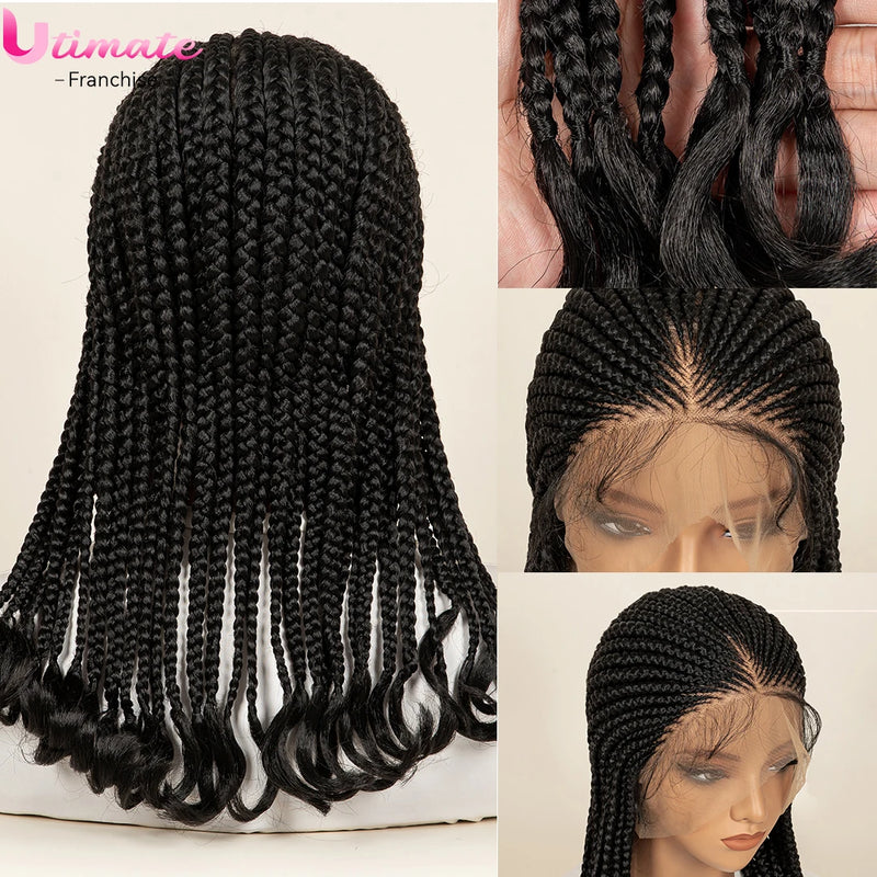 Synthetic Short Cornrows Braided Wig Protective Full Lace Wig with Baby Hair 18 inch Knotless Stitch Braided Wigs With Wavy End