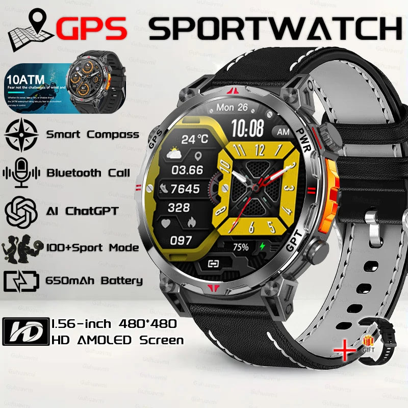 2026 New Outdoor GPS Sports Smartwatches Men Compass 10ATM Waterproof 24/7 Health Monitoring Chat GPT Bluetooth Call Smart Watch