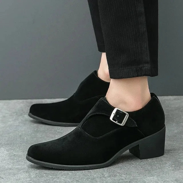 Man Height Increasing Pointed Toe Business Dress High Heel Shoes Buckle Decorated Men Casual Shoes