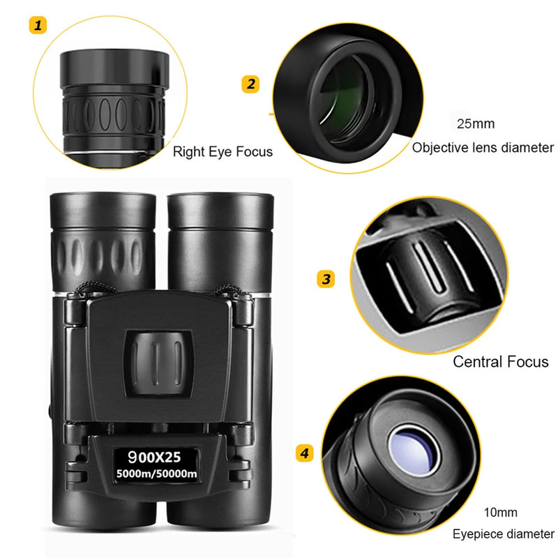 900x25 HD Powerful Binoculars 9000M Long Range Folding Mini Telescope BAK4 FMC Optics For Hunting Sports Outdoor Camping Travel