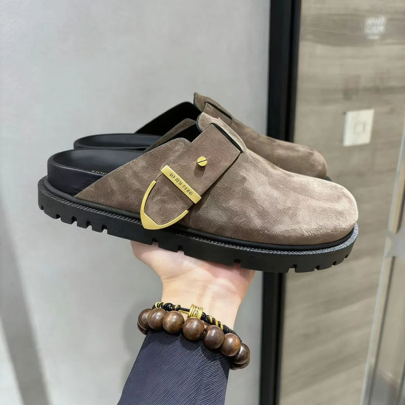 Women's All-cowhide Versatile Leather Half-drag Comfortable Slip-on Cork Bottom Outer Wear Casual Bag Head Fashion Mules Clogs