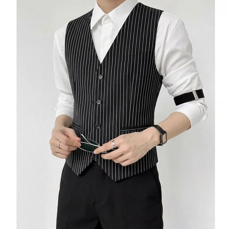 Classic Striped Suit Vest for Men V-neck Bar KTV Bartender Vest Slim Fit Casual Business Wedding Groom Social Uniform Waistcoat