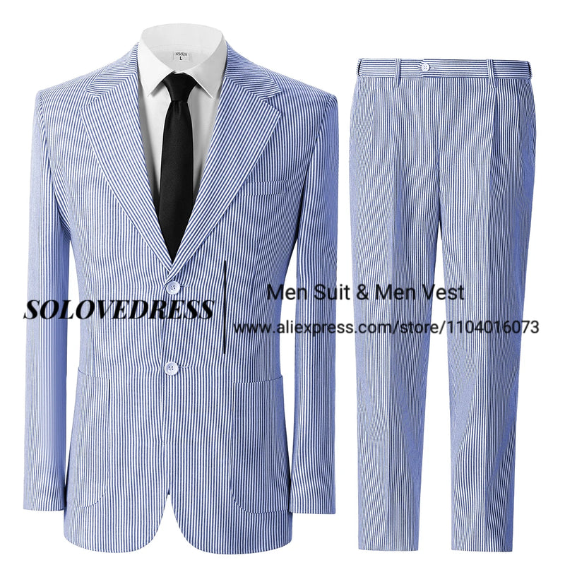 Men's Seersucker Striped Suits 2 Piece Slim Fit Summer Casual Pinstripe Suit for Men Wedding Grooms Blazer Jacket Pants Sets