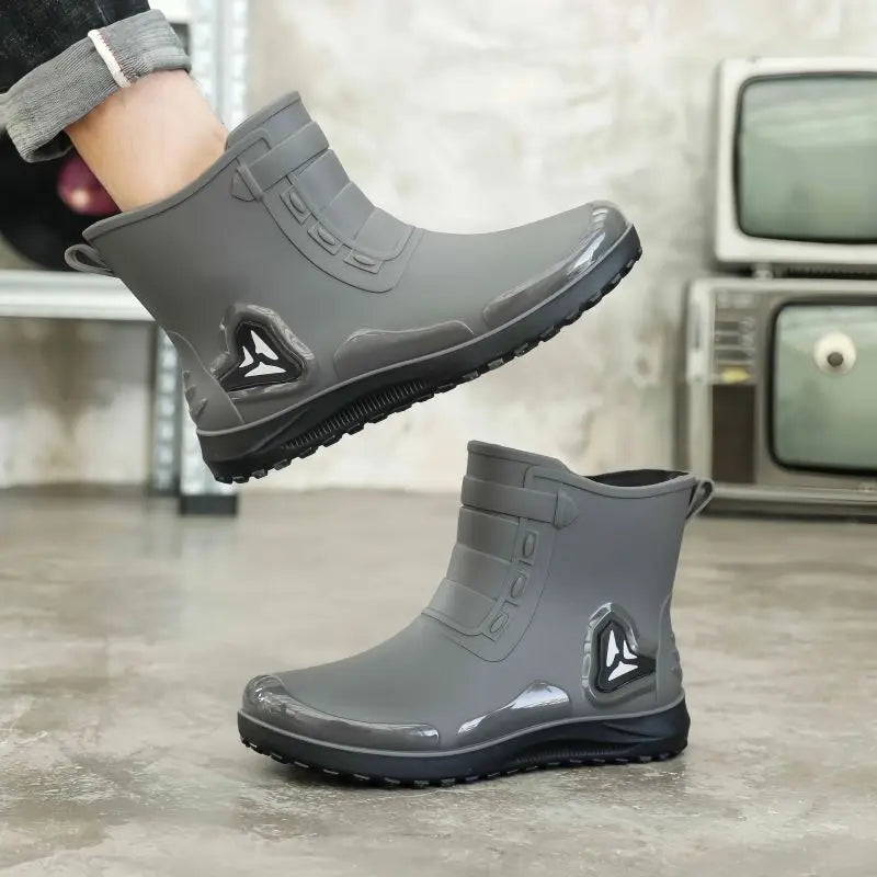 Men's New Short Rain Boots with Elastic Cuff Waterproof Non-Slip Soft Sole Work Rubber Shoes