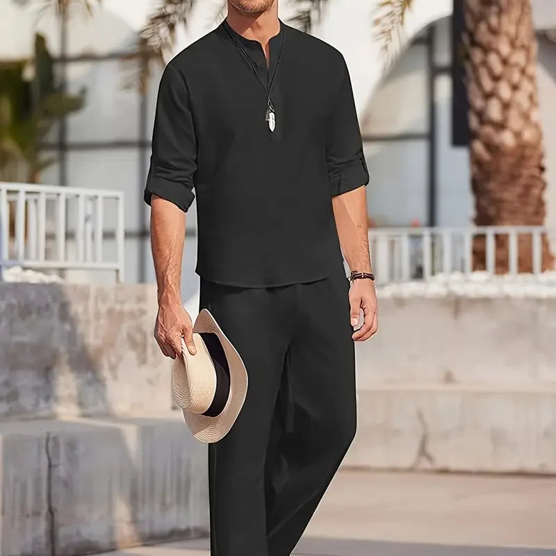 Men's White Linen Suit Set Long Sleeve Henley Shirt | SAMAG