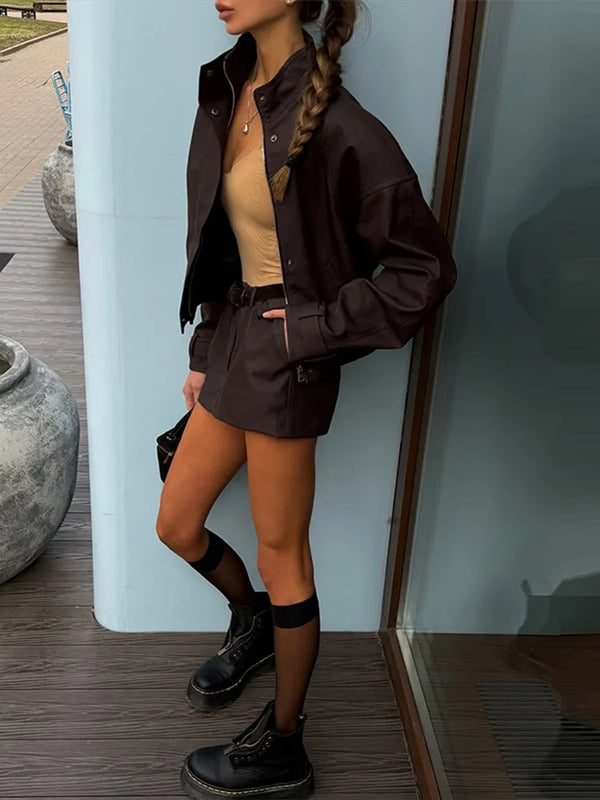 Vintage Suede Two Piece Set Stand Collar High Neck Zip Up Cropped Jacket High Waist Mini Skirt Women 2026 Autumn Retro Chic Suit