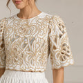 Embroidery Top And Skirt Elegant Hollow Out Color Contrast Women Two Piece Set Spring Summer Outfits