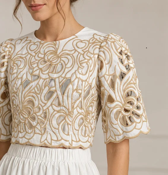 Embroidery Top And Skirt Elegant Hollow Out Color Contrast Women Two Piece Set Spring Summer Outfits