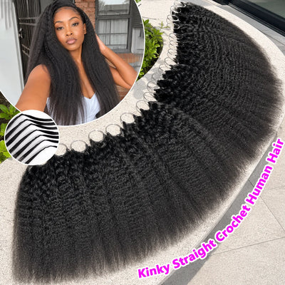 Kinky Straight Miracle Knots Human Crochet Hair 26 28 30 Inches 300g/5Pack Invisible Pre-Separated Feather Crochet Human Hair Extensions For Black Women Natural Black