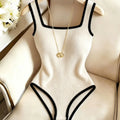 3pcs Women's Ribbed Bodysuit Set Fashionable Black Piped Square Neck Waist-Cinching Style Summer Nightlife Wear Elegant Beach Ou