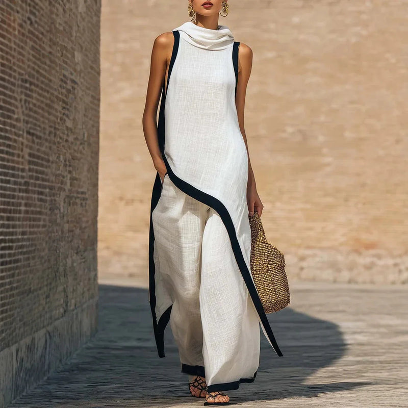 2026 New European American Women's Two-Piece Set: Solid Sleeveless Blouse with High Waist Pants, Elegant Casual Matching Outfit