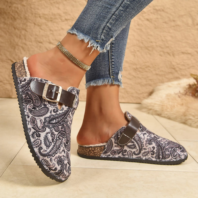 Fashion Paisley Print Birken Clogs Woman Winter Warm Plush Footbed Mule Sandals Ladies Brand Design Fluffy Slide Shoes