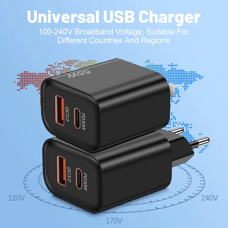 55W PD Fast USB Charge Charger 2 Ports EU US Plug Wall Charger Adapter For iPhone Xiaomi Huawei Samsung USB C Phone Charger