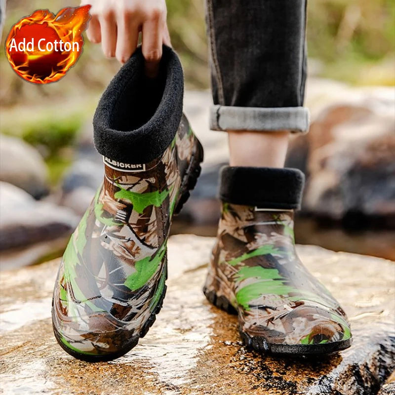 Camouflage Low Top Big Size Waterproof Man Shoes Warm Fleece-lined Rain Boots for Men Original High Quality 2025 Garden Gumboots