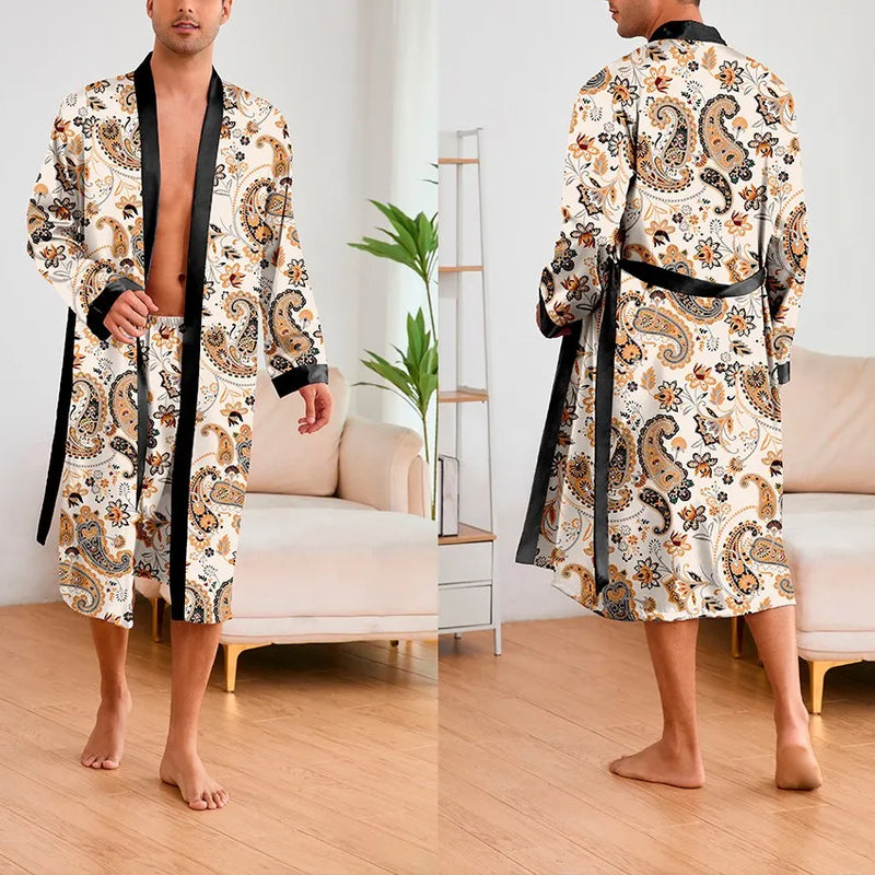 Men's Ice Silk Sleepwear Two-piece Set Kimono Bathrobe Gown Long Robe Pajamas Set Print Tiger Loose Casual Homewear Lounge Wear