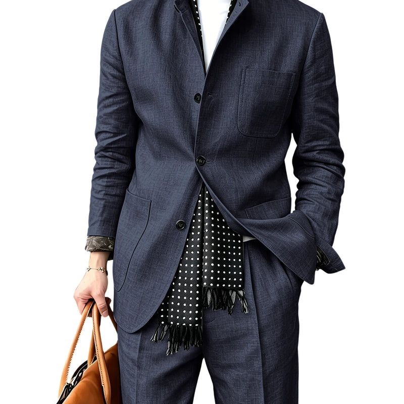 Men's2 Piece Suit Set Stand Collar Three Button Breathable Casual Blazer Pants For Business Daily Wear Summer