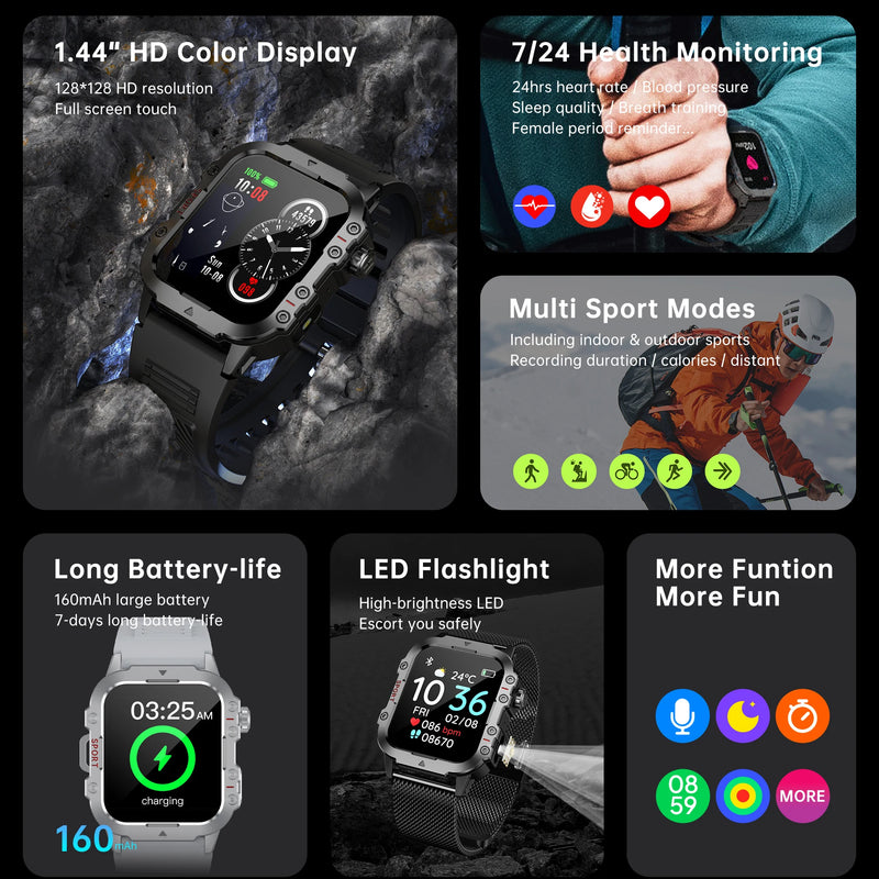 2025 New for Xiaomi Military Smart Watch Men IP67 3ATM Outdoor Sports Fitness Tracker Health Monitor 1.44Inch BT Call Smartwatch