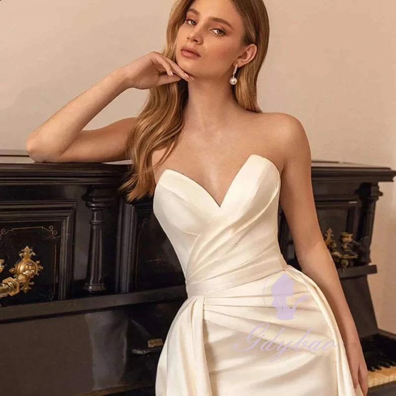 Ivory Satin Evening Dress Women Off Shoulder Pleated | SAMAG