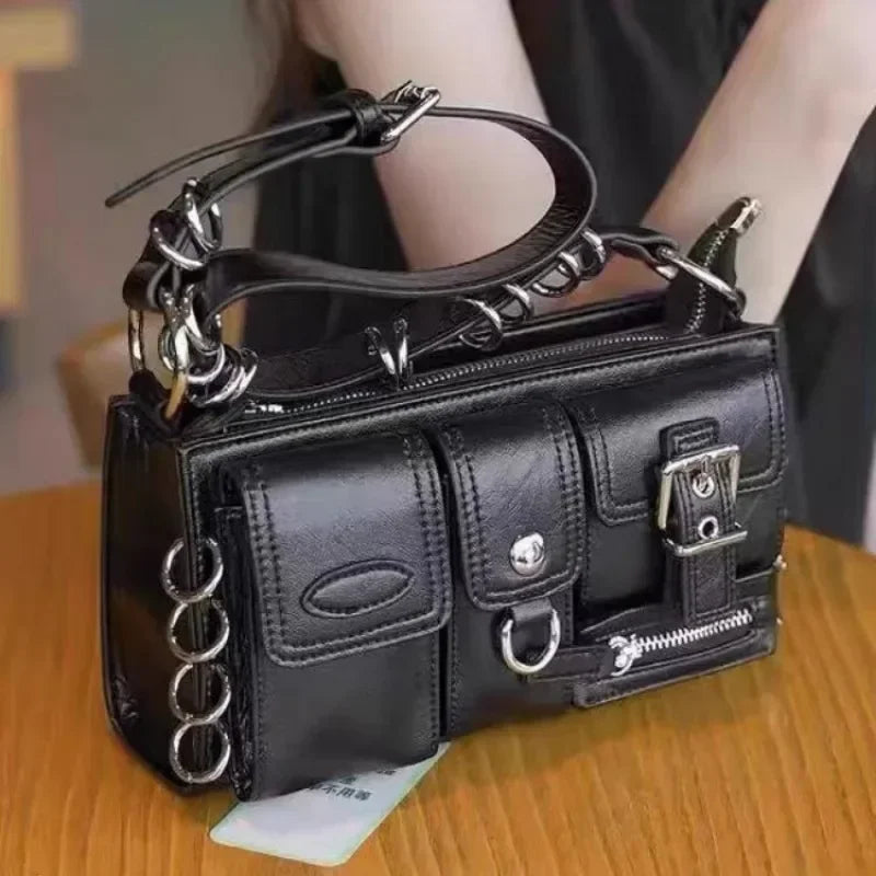 Meet You Y2K Vintage Gothic Black Shoulder Bag for Women Punk Cool Girls Multi-pocket Pu Leather Underarm Bag Trend Tote Bag
