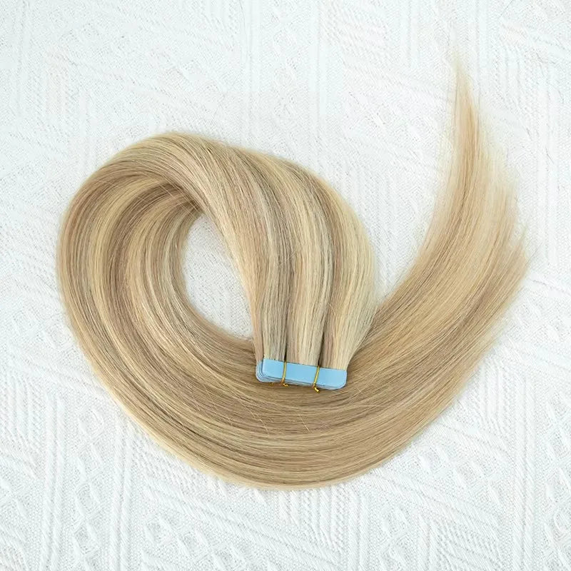 MRSHAIR Tape in Hair Extensions Human Hair Blonde Seamless Tape Hair Extensions 4x0.8cm Skin Weft PU Tape On Hair 20PCS 12"-24"