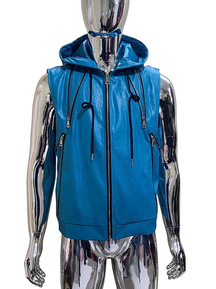 Nerazzurri Summer Autumn Short Blue Pu Leather Vest for Men with Drawstring Hood Zipper Sleeveless Jacket Men Menswear Clothing
