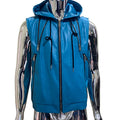 Nerazzurri Summer Autumn Short Blue Pu Leather Vest for Men with Drawstring Hood Zipper Sleeveless Jacket Men Menswear Clothing