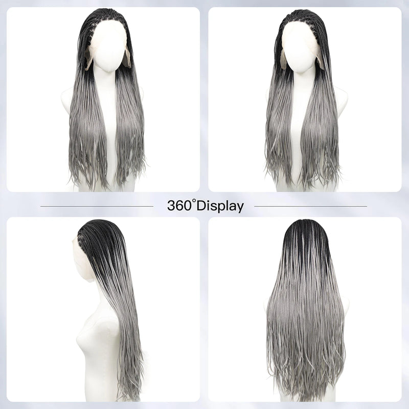 Ombre Grey Box Braided Wigs Braids For Black Women 26Inch Long Crochet Braids Synthetic Hair Wig Dark Roots 13x3 Lace Front Wig