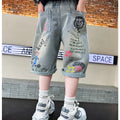 Kids Boys Graffiti Drawing Denim Shorts Elegant Children Casual Ripped Short Jeans Capris Pants 5 6 7 8 9 10 11 12 13 14 Year