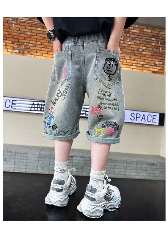 Kids Boys Graffiti Drawing Denim Shorts Elegant Children Casual Ripped Short Jeans Capris Pants 5 6 7 8 9 10 11 12 13 14 Year