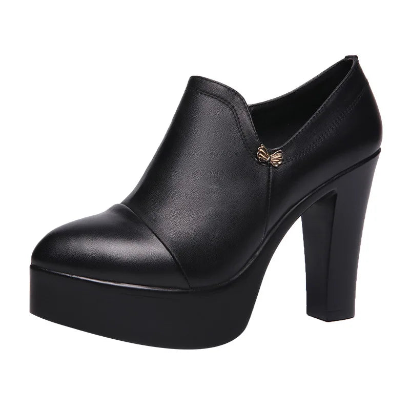 high quality leather shoe for women 5.5cm 8.5cm 11cm  high heel platform point toe 32 33 elegant office autumn winter shoe black