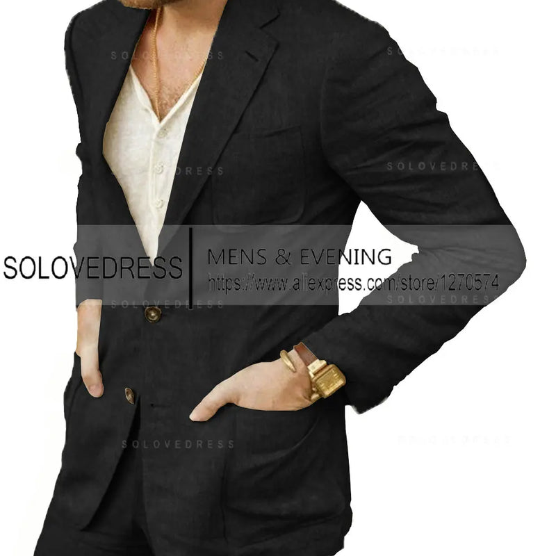 Summer Linen Suit Men Casual Party Classic Blazer Pants 2 Pieces Holiday Travel Tailor-made Breathable Cool Male Outfits