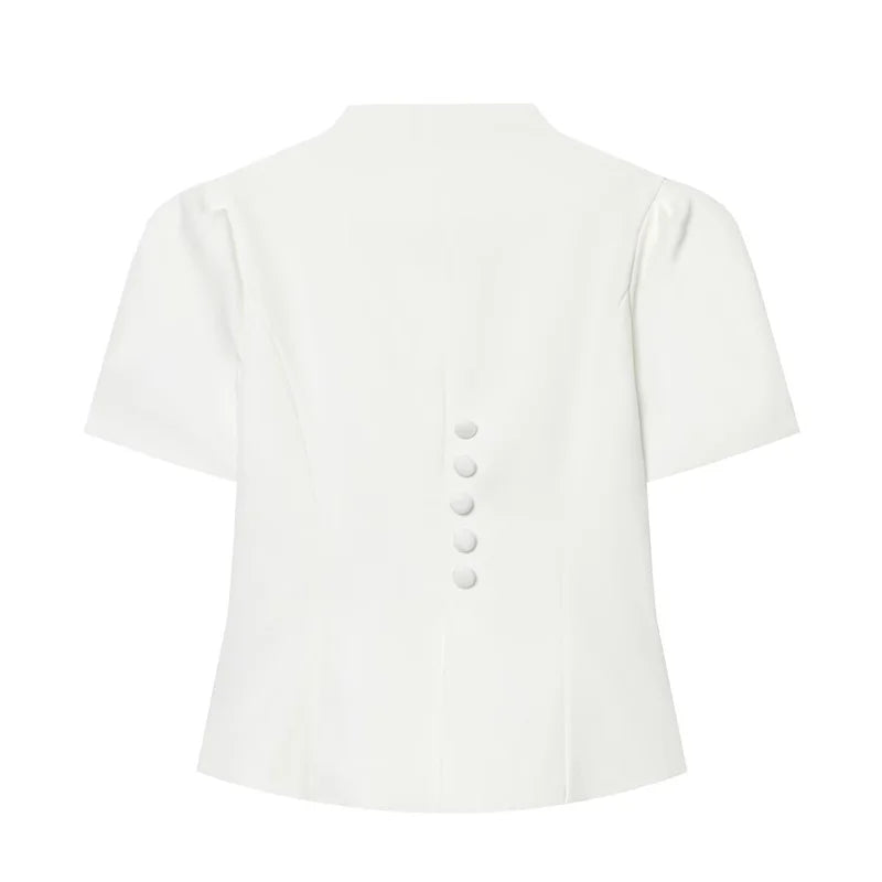 Women V Neck Puff Sleeve Cropped Blouse Button Slim - View 10 | SAMAG