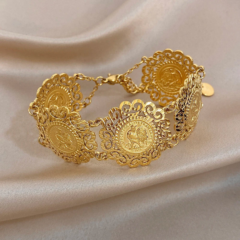 Vintage Gold Plated Stainless Steel Coins Wrist Bracelet for Women Men Classic Ethnic Cuff Bracelets Waterproof Jewelry