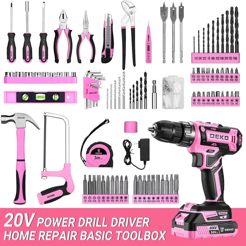 DEKO Pink Drill Tool Kit Set: 20V Cordless Power Box with Battery Electric Driver - View 3 | SAMAG