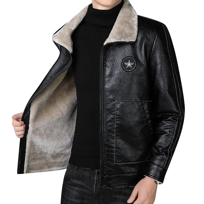 Mens Outwear Fleece Fur Collar Windbreaker Coat Male Pu Jacket Men Thick Warm Cashmere Military Bomber Tactical Leather Jackets