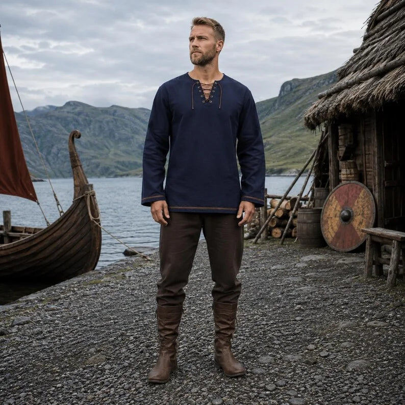 Men Medieval Lace Up Linen Long Sleeve Tunic Viking | SAMAG
