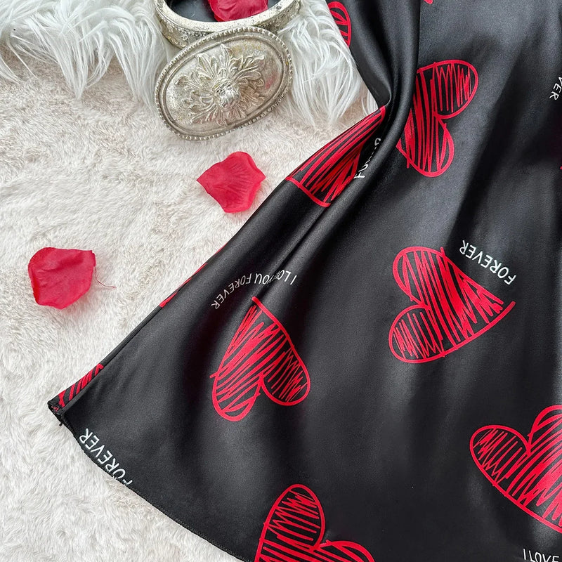 Valentine's Day Red Lip Print Satin Slip Nightdress V | SAMAG