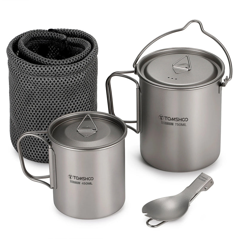 Tomshoo 3 PCS Titanium Cookware Set Ultralight 750ml Pot 450ml Water Cup Mug w Lid Folding Spork for Outdoor Camping Backpacking