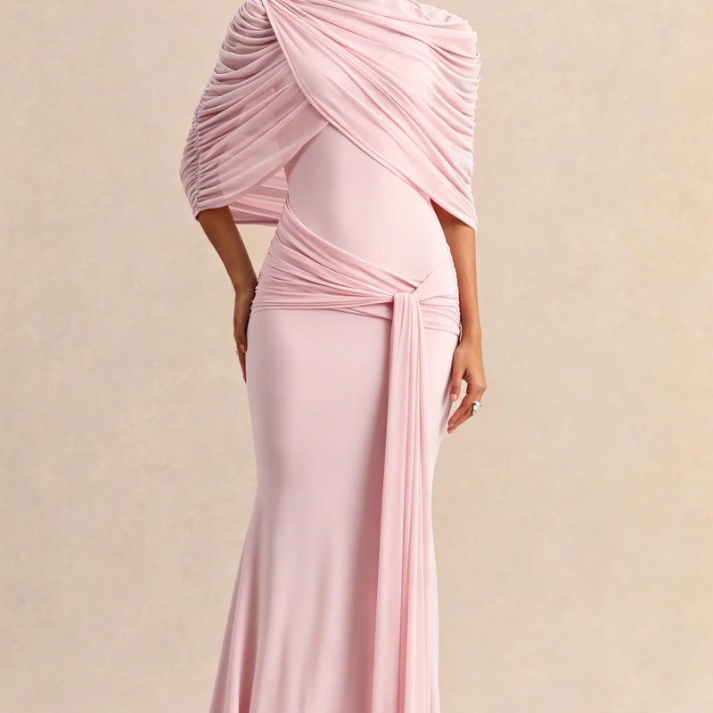 Elegant Mermaid Evening Dress Draped Detachable Cape | SAMAG