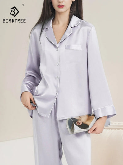 BirdTree, 19MM 100%Real Silk Pajamas Set, Women Long | SAMAG