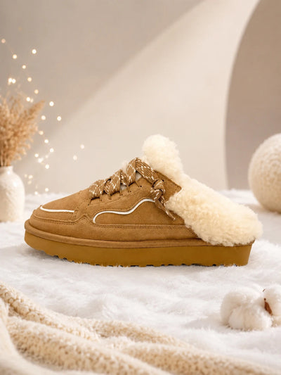Winter Warm Wool Lined Mules for Women Cow Suede Leather | SAMAG