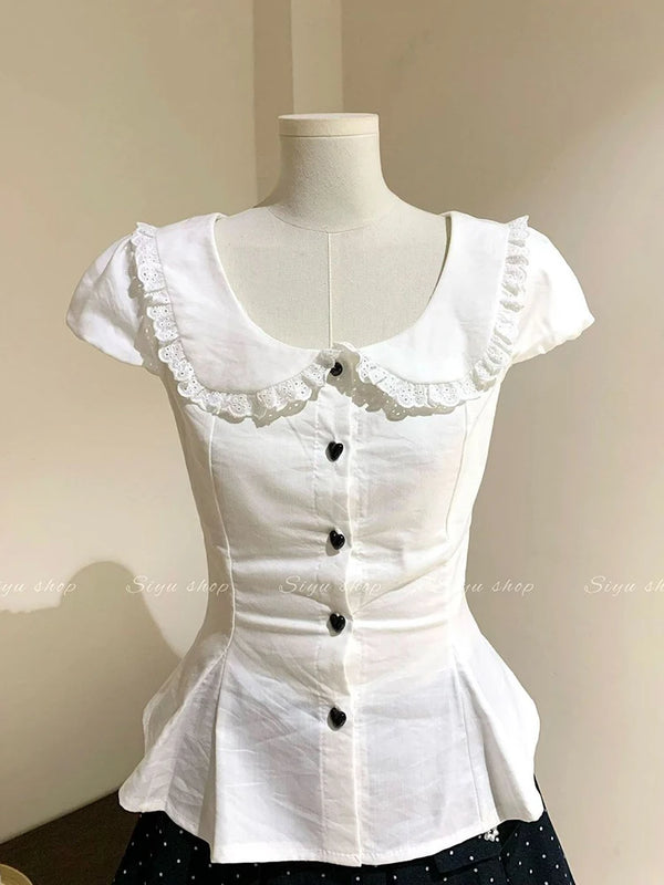White Slim Sweet Shirt Women Puff Sleeve Cute Preppy - View 5 | SAMAG