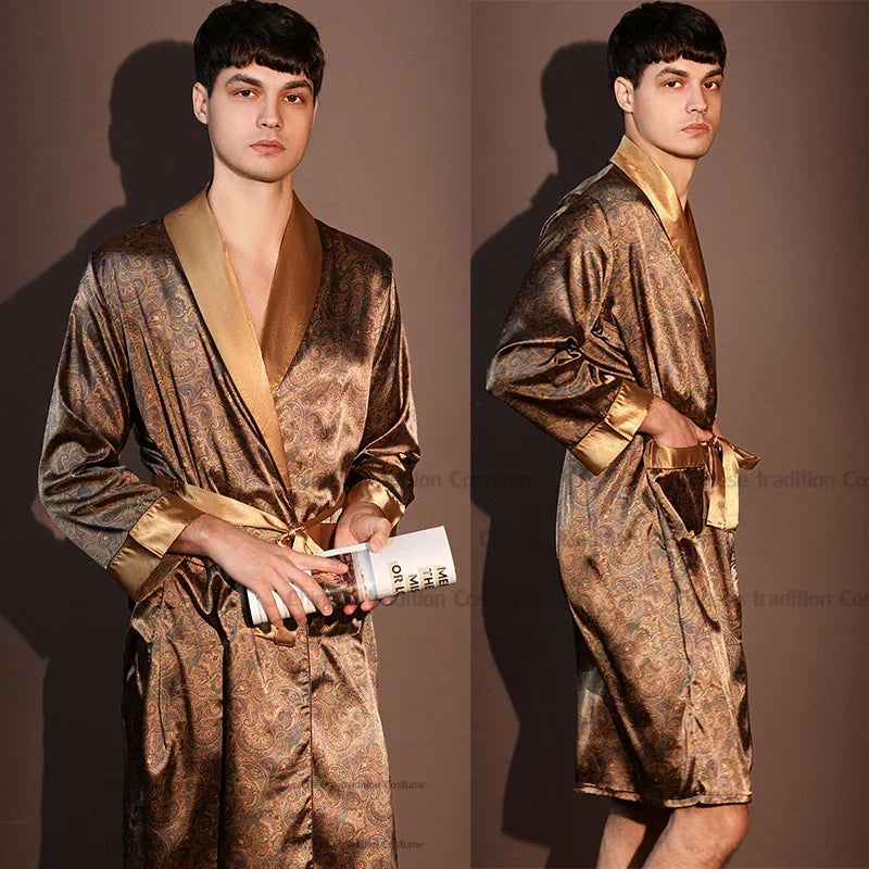 Men Summer Thin Bathrobe High Quality Nightrobes One-Piece Robe Male Loungewear Gents Spring Large Size Ice Silk Printed Pajamas
