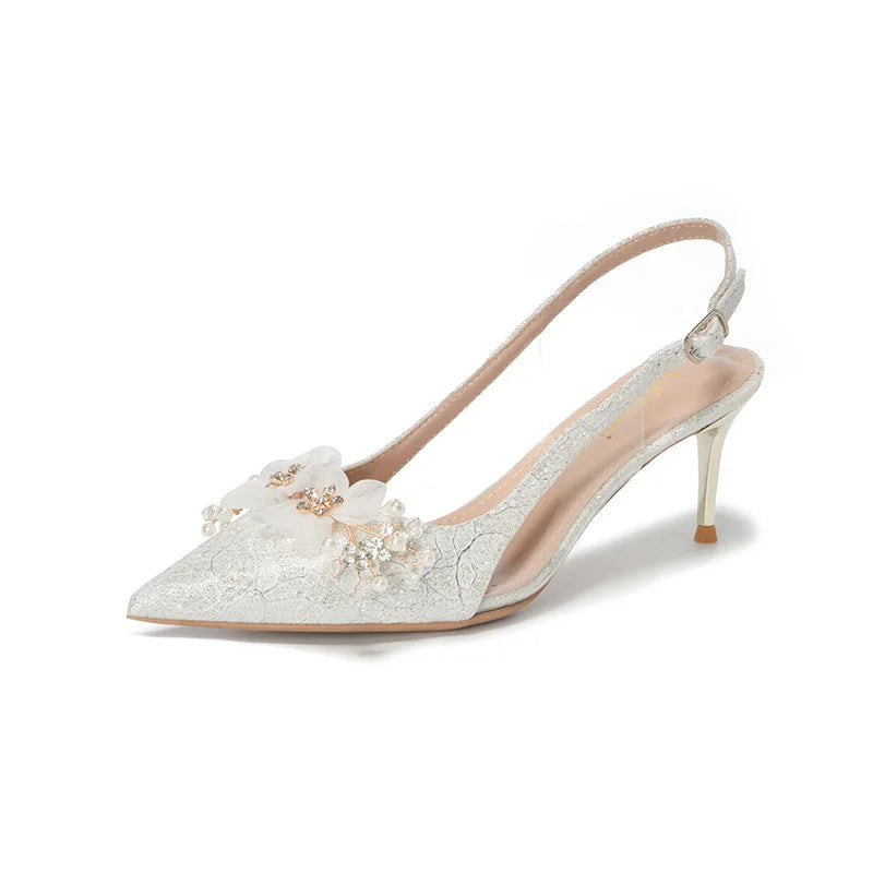 French Bride Gold Wedding Shoes spring women Thin Heel Pointed Shallow Mouth Flower Rhinodrill High Heels  Fashion Sandals