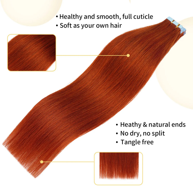 Doreen Copper Red Tape In Human Hair Extensions 16 to 24 Inch 50g/set PU Seamless Skin Weft 350# Colored Hair Extensions Tape in
