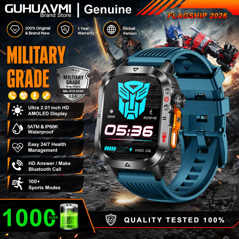 New Bumblebee Military Smart Watch 1000mAh Bluetooth Call LED Flashlight BP Monitor 100+Sports 5ATM Waterproof For iOS Android