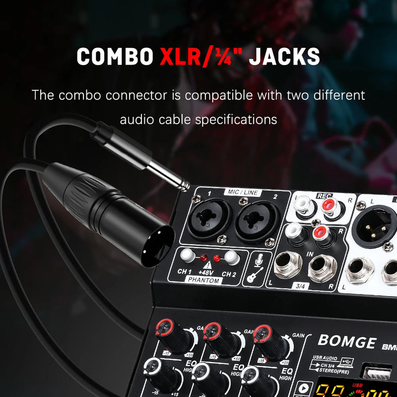 BOMGE D4 Audio Mixer 4 Channel Mini Mixer 99 DSP Reverb Effects USB Audio Interface Bluetooth for Karaoke Podcast Live Streaming