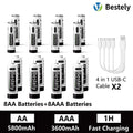 AA AAA Battery 1.5V 5800mAh and 3600mAh Lithium Rechargeable Batteries Fast Charging Li-ion Battery 2000 Cycles Type-C Cable