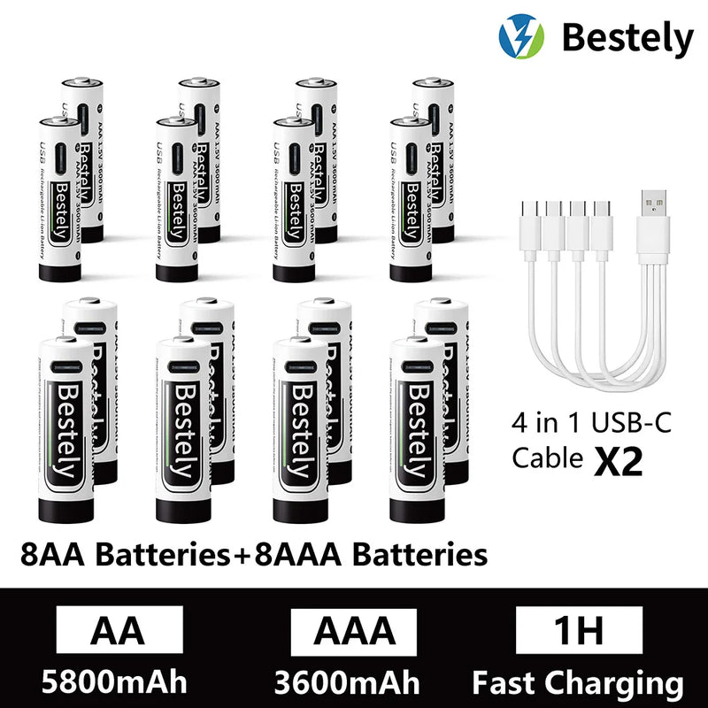 AA AAA Battery 1.5V 5800mAh and 3600mAh Lithium Rechargeable Batteries Fast Charging Li-ion Battery 2000 Cycles Type-C Cable