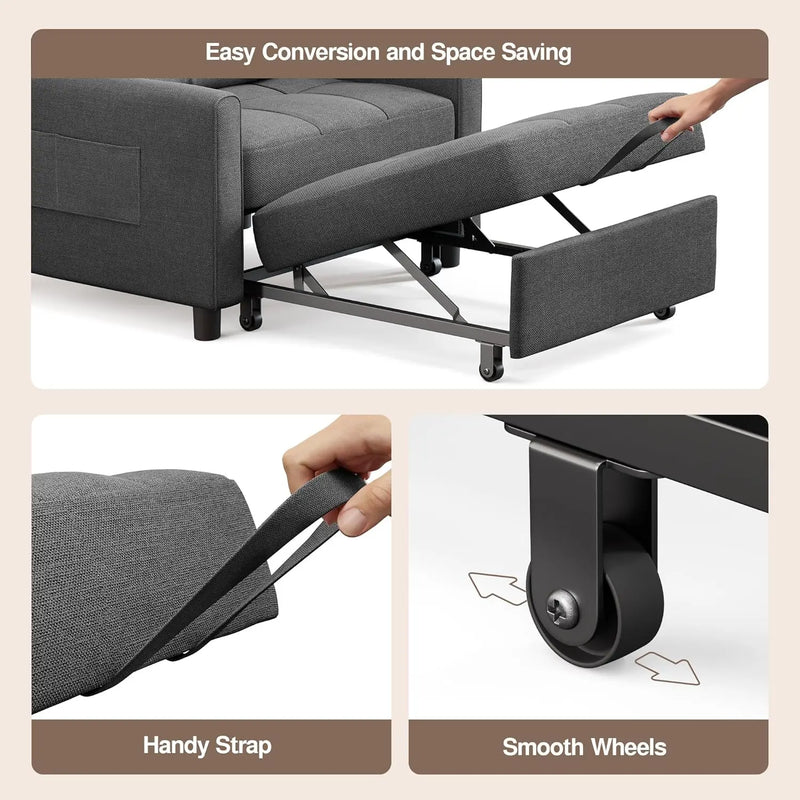 Convertible Sleeper Sofa Bed 3-in-1 Adjustable Linen Fabric Small Space Grey Customized